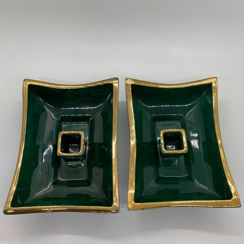 40's Vintage Emerald Green & Gold Porcelain Candle Holders, Set of 2